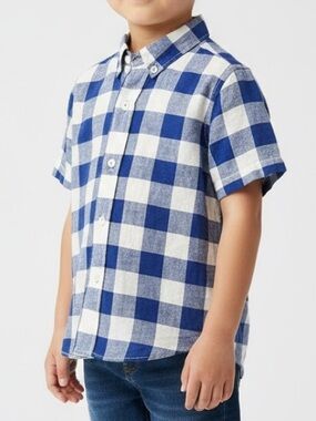 Mini Boden Boys Linen Blue and White Gingham Button-Down Shirt | Size 5-6